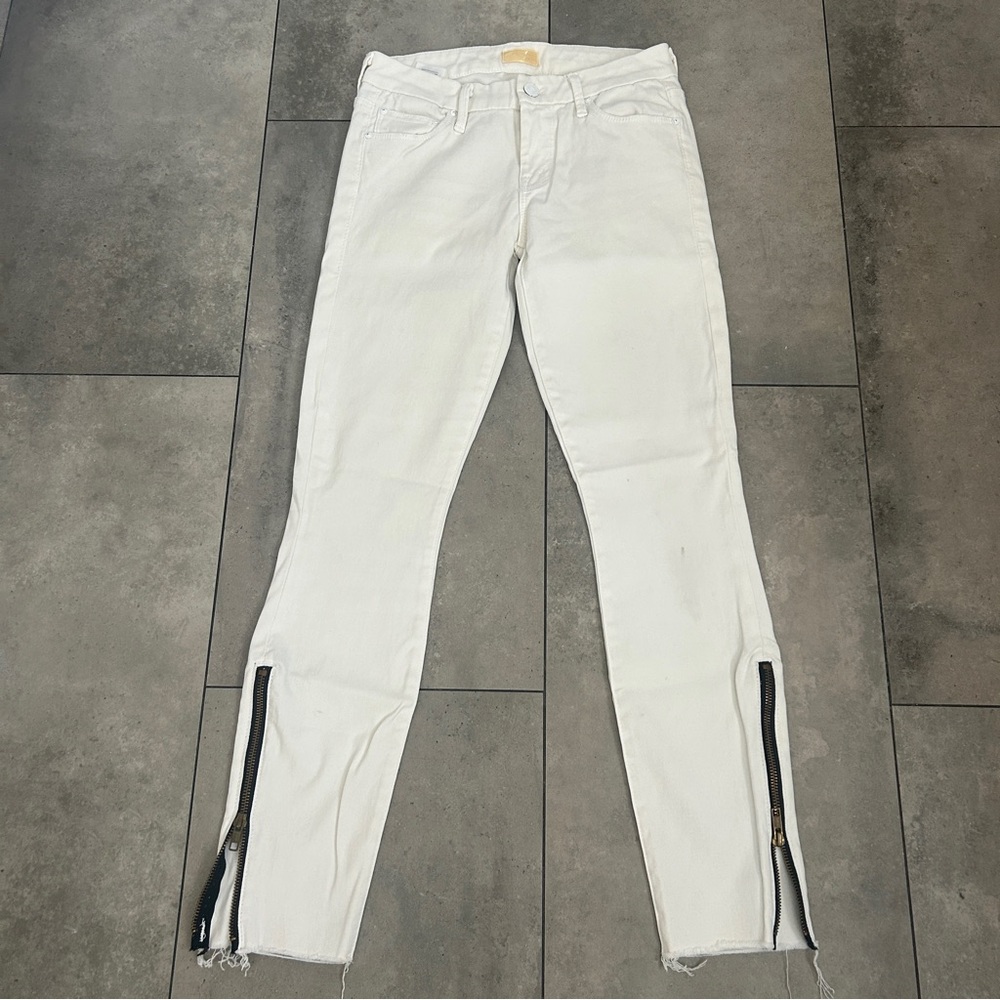 MOTHER the looker ankle zip fray glass slipper white skinny 25